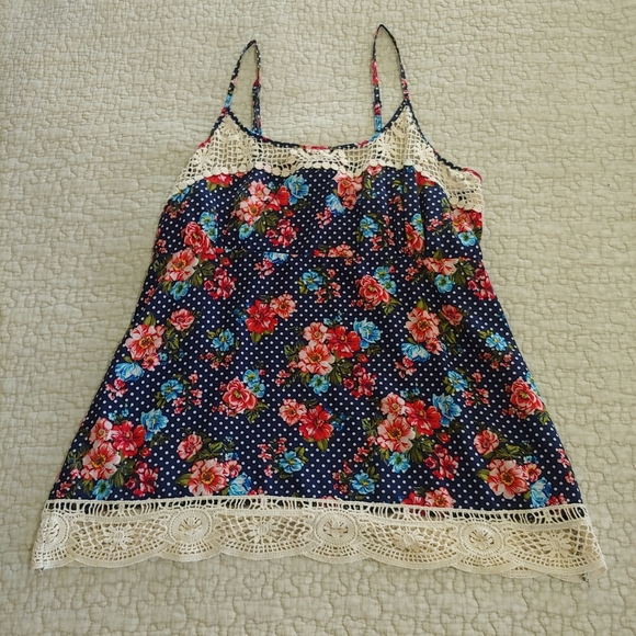 Almost Famous Tank Top, Women's Size L, Navy Blue/Polka Dot/Floral/Cream Crochet - Picture 1 of 7